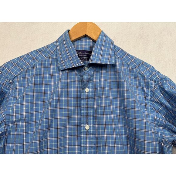 Ralph Lauren Purple Label Tailored Fit Shirt Blue Check Cotton Italy Men's 15.5 - Picture 3 of 6